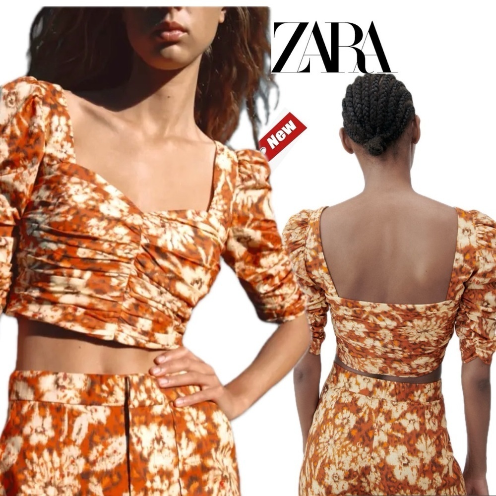 Zara Printed Drape Crop Top Square Neck Orange Floral tropical puff sleeve S NWT